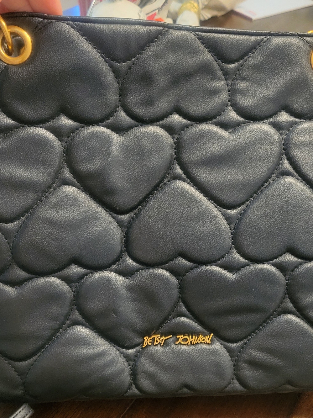 Betsey Johnson Black Quilted Heart Shoulder Bag with Gold Logo